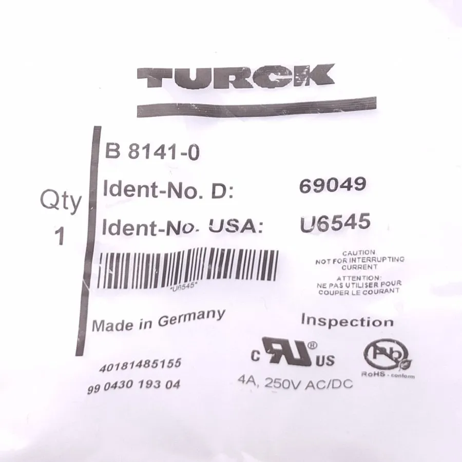 Датчик Turk 69049 B8141-0 Eurofast Straight Connector, 4-Pin M12, 250VAC 4A Max