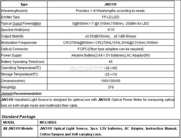 Тестер Portable Optical Light Source Meter Tester JW3111 850/1300/1310/1550NM ns