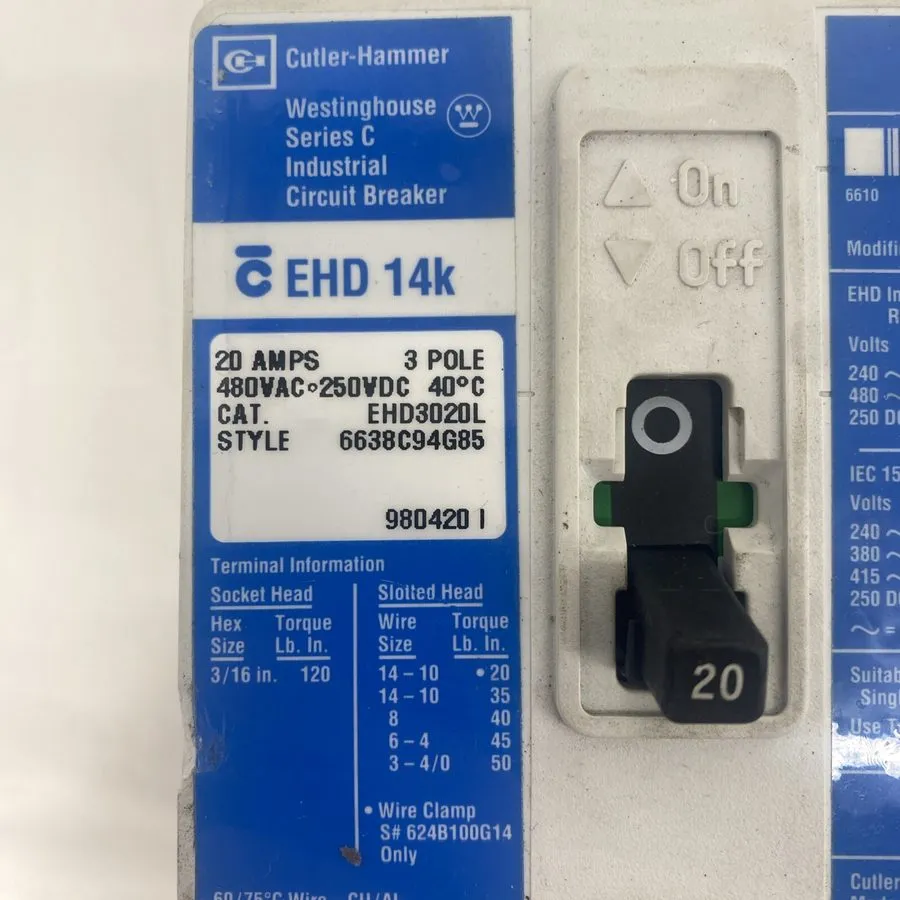 Автоматический выключатель Eaton Cutler-Hammer EHD3020L EHD 14k Series C 20A 480 — фото лота 1