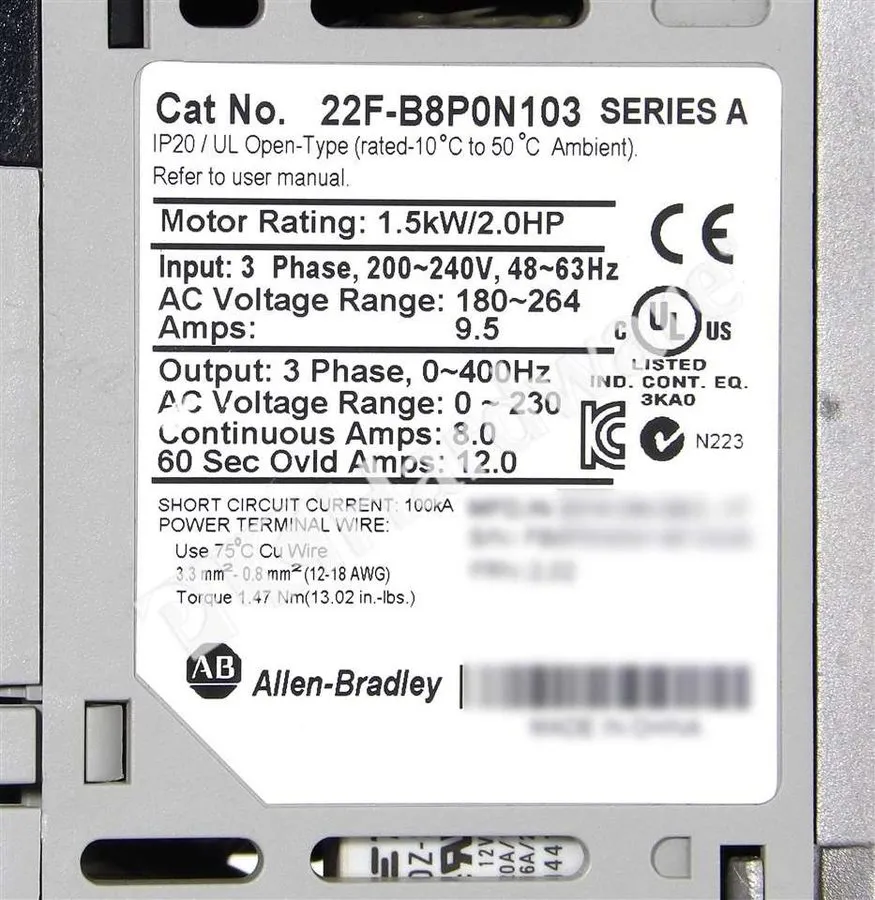 Частотный преобразователь Allen Bradley 22F-B8P0N103 /A PowerFlex 4M 240V 1.5kW 