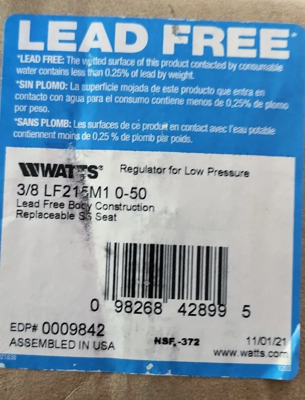 Трубопроводная арматура WATTS 3/8 LF215M1 0-50 Pressure Regulator — фото лота 1