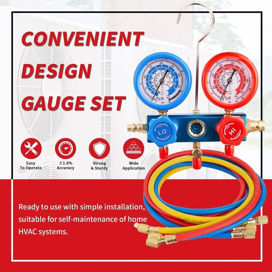 Манометрический коллектор HVAC Manifold Gauge Set R22/R410a/R134a w/ 5FT Hoses & — фото лота 1