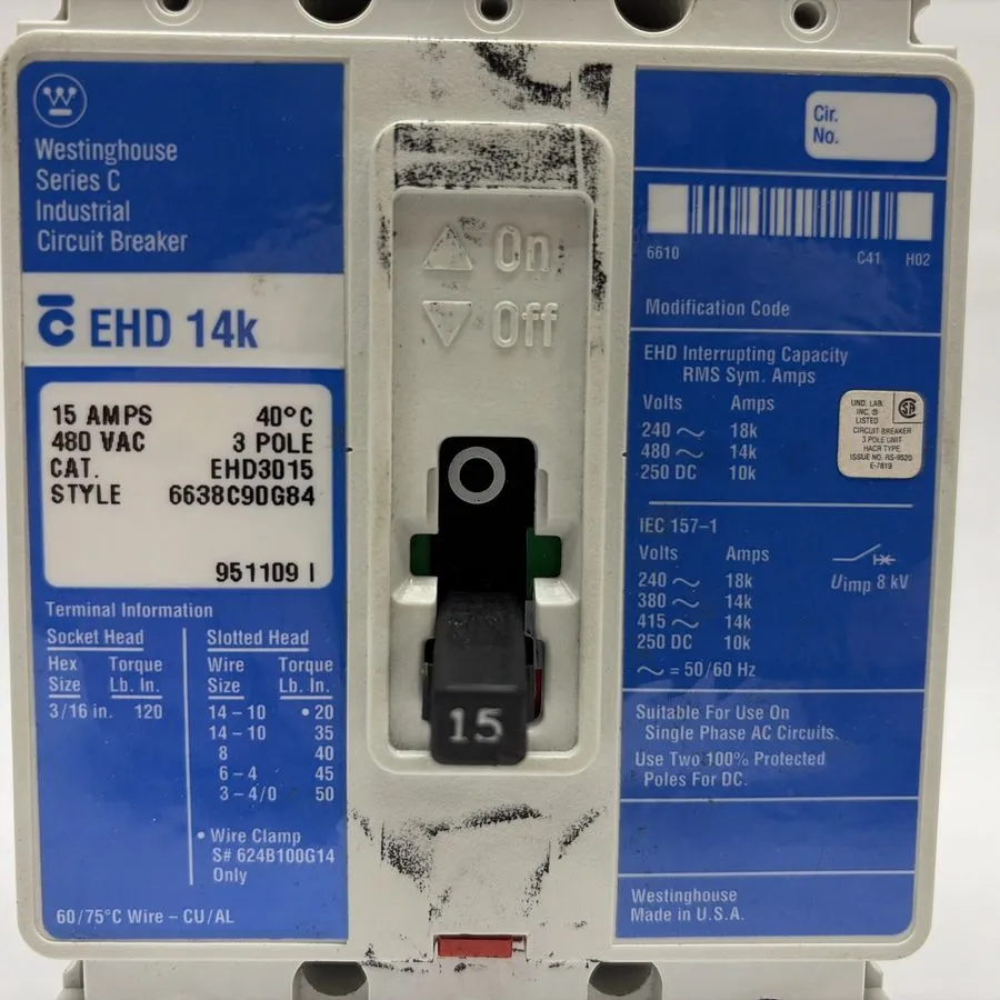 Автоматический выключатель EATON CUTLER HAMMER EHD3015 15A 3-POLE 480V F-FRAME C — фото лота 1