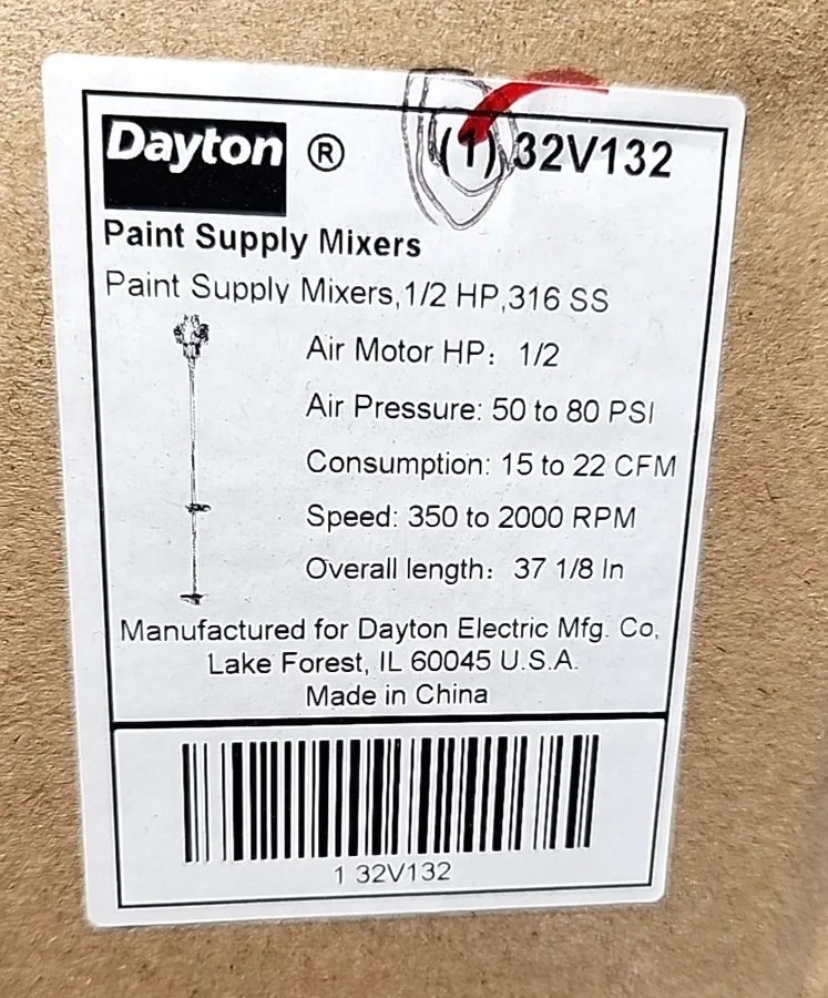 Мешалка Dayton 32V132 Agitator Air Paint Supply Mixer 1/2 HP; 316SS; 2,000 RPM