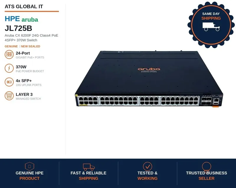 Коммутатор HPE JL725B Aruba CX 6200F 24G Class 4 PoE 4SFP+ 370W Switch 24 Ports