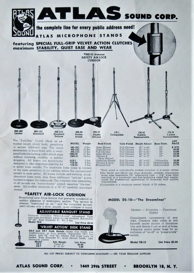 Микрофон Vintage 1950's Atlas MS-12C microphone floor stand MS-10C MS-11C Shure 