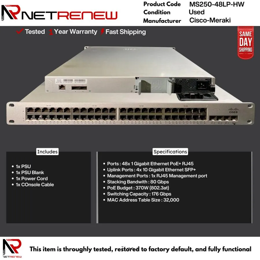 Коммутатор Unclaimed Cisco Meraki MS250-48LP-HW Switch / 48 Port PoE+ 4x 10GB SF