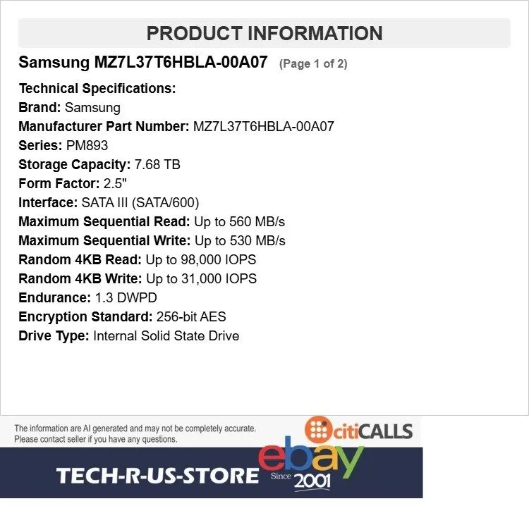 SSD-накопитель Samsung MZ7L37T6HBLA-00A07 PM893 7.68TB SATA 2.5" Internal Enterp