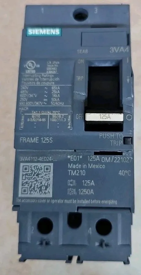 Автоматический выключатель Siemens 3VA4112-4ED24-0AA0 125A 2-Pole 480V 3VA4 Circ