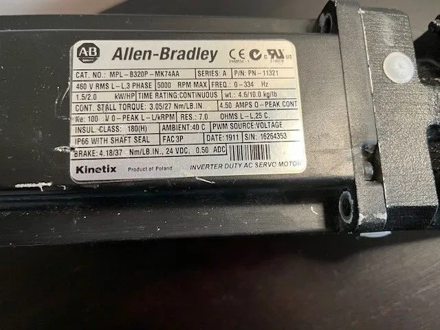 Серводвигатель Allen Bradley MPL-B320P-MK74AA Servo Motor 5000 RPM KINETIX 2HP 4