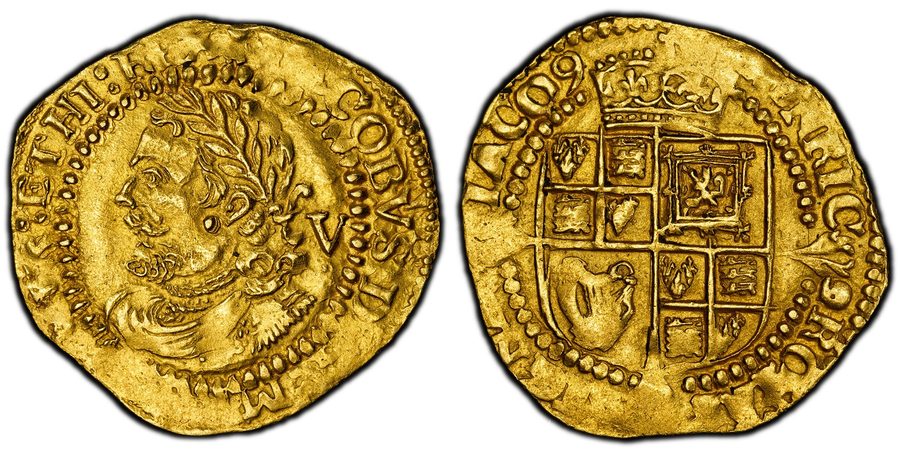 Лабораторный прибор England James I (1623-24)(Trefoil) Quarter Laurel. PCGS MS62 — фото лота 1