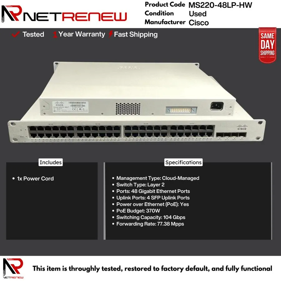 Коммутатор Cisco Meraki MS220-48LP-HW 48-Port Gigabit 370W PoE Switch UNCLAIMED