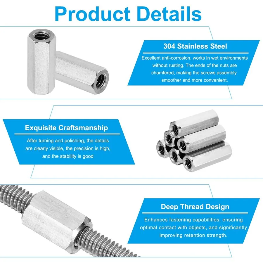 Датчик M12 x 1.25-Pitch 50mm Length 304 Stainless Steel Hex Coupling Nut Connect — фото лота 2