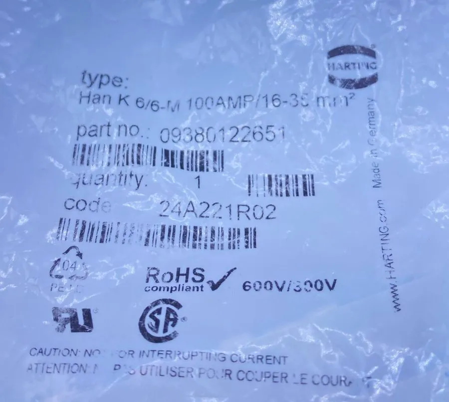 Разъём Harting HAN K 6/6 M Power Connector 09380122651
