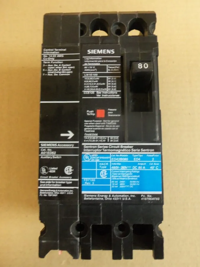 Автоматический выключатель Siemens ED42B080 80A Sentron 2 Pole Circuit Breaker E
