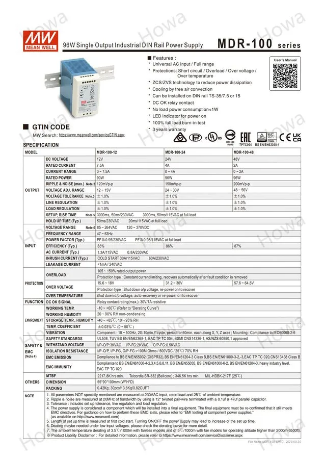 Блок питания MEANWELL Switching Power Supply Module MDR-100 DIN Rail Type 12V24V