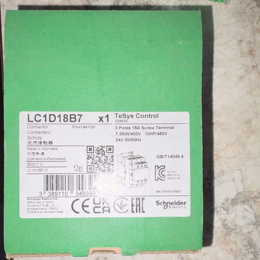 Контактор Schneider Electric TeSys Control IEC Contactor LC1D18B7 24V AC 18A 3-P