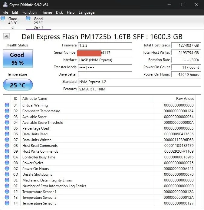 SSD-накопитель 4WDXY DELL SAMSUNG PM1725B 1.6TB NVME PCIe U.2 2.5'' Enterprise S