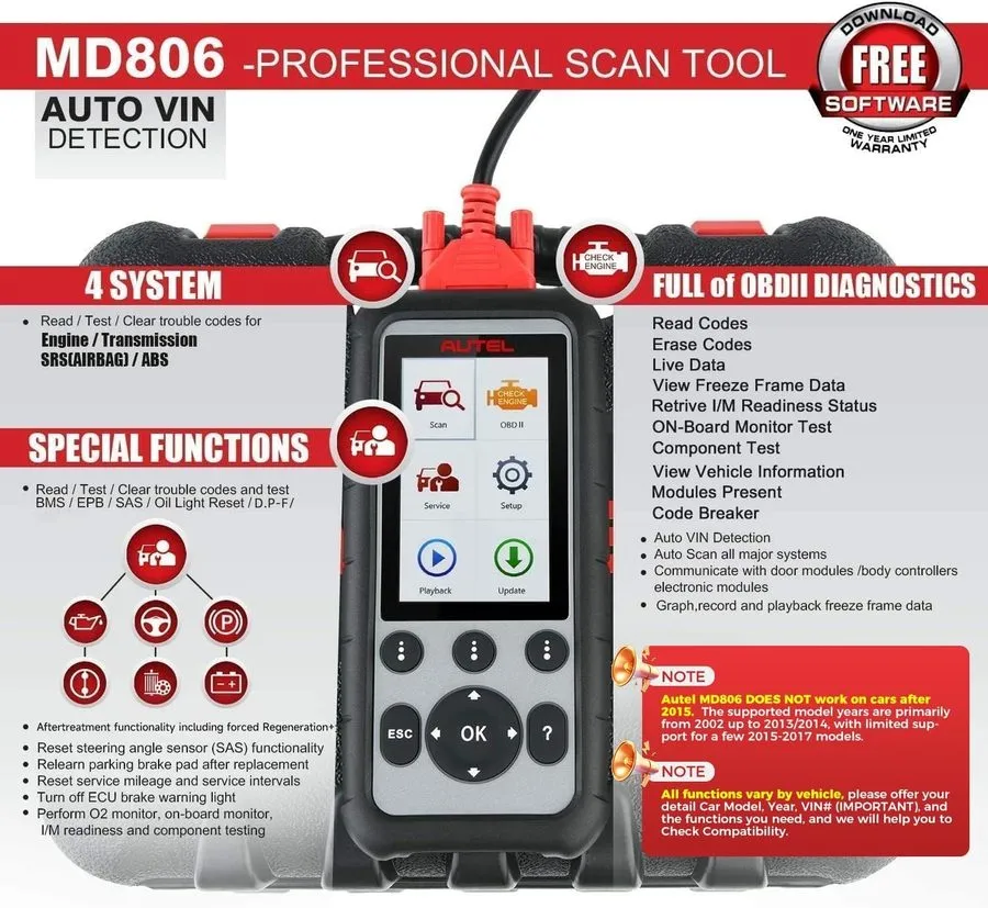 Диагностический сканер Autel MaxiDiag MD806 OBD2 Scanner 4 Systems Diagnostic Sc — фото лота 2