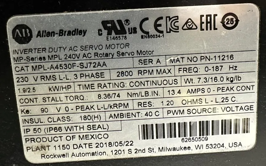 Серводвигатель Allen Bradley MPL-A4530F-SJ72AA Servo Motor