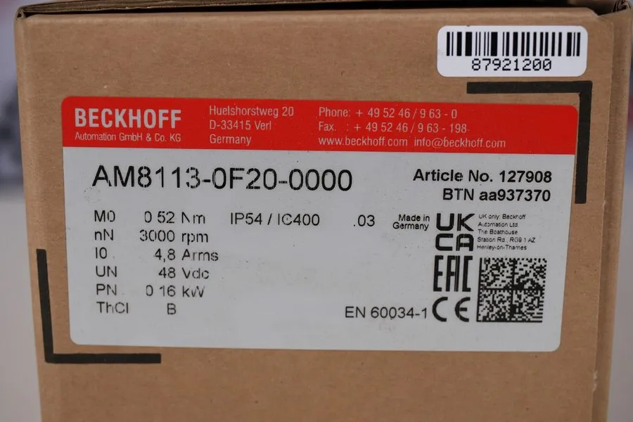 Серводвигатель Beckhoff AM8113-0F20-0000 48V DC, 0.16 kW Servo Motor