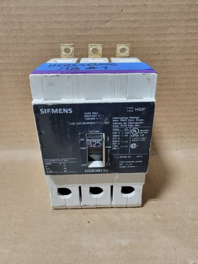 Автоматический выключатель SIEMENS HGB HGB3B125 3 POLE 125 AMP 480V 35KA CIRCUIT