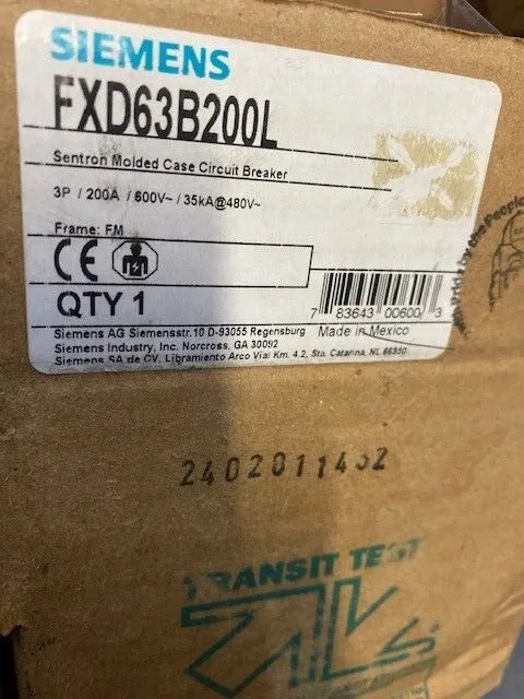 Автоматический выключатель SIEMENS FXD63B200L SENTRON MOLDED CASE CIRCUIT BREAKE