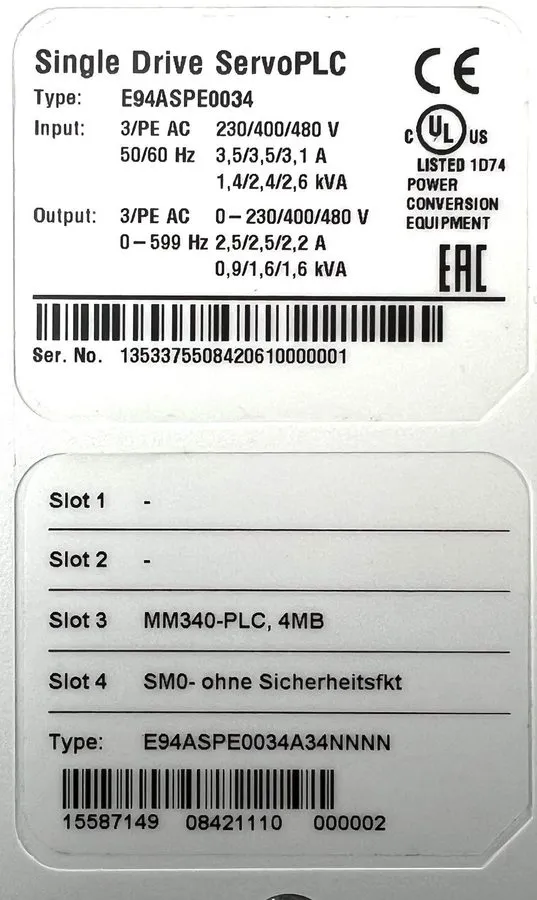 ПЛК Lenze Single Drive Servo PLC E94ASPE0034 2.5A 0.9kVA Servo Inverter — фото лота 2
