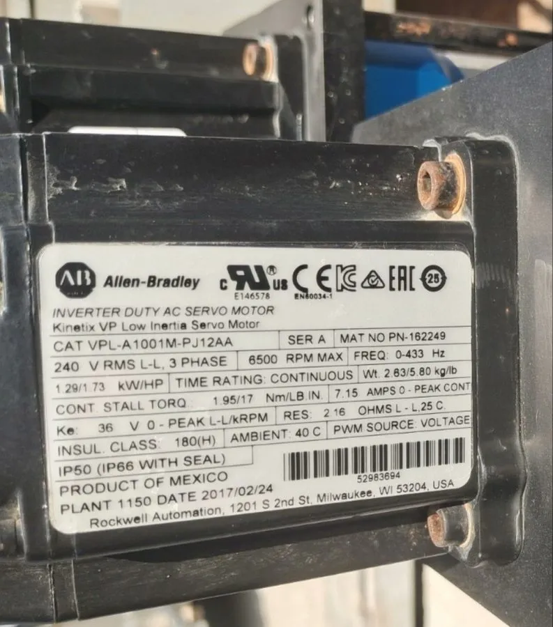 Серводвигатель allen bradley VPL-A1001M-PJ12AA INVERTER DUTY AC SERVO MOTOR