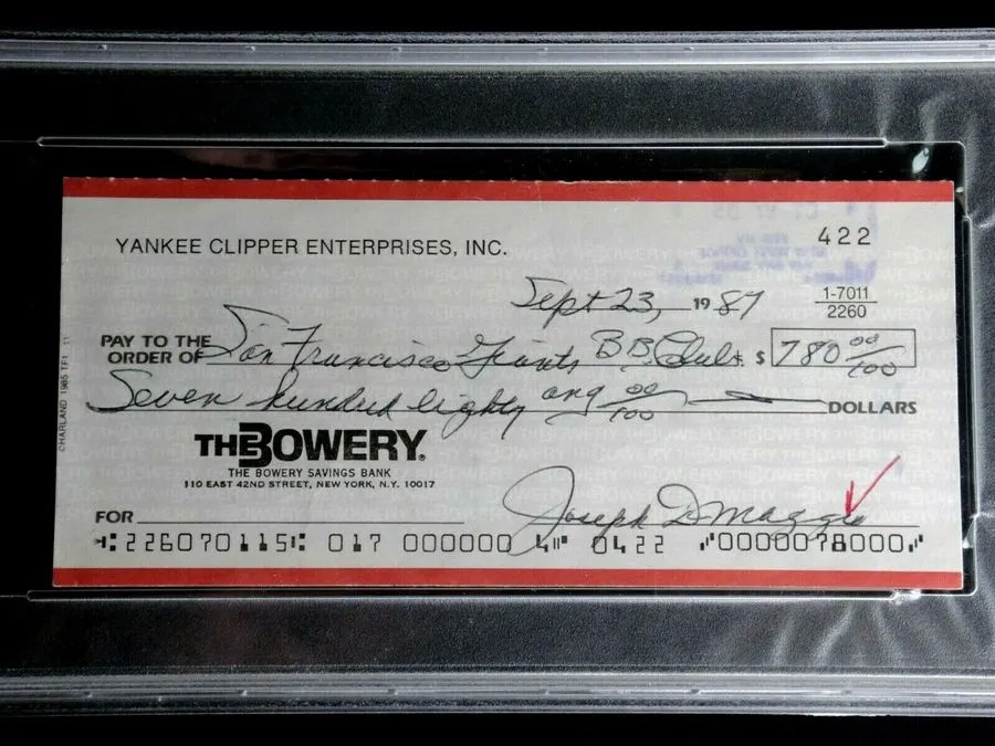 Лабораторный прибор JOE JOSEPH DIMAGGIO SIGNED 1987 CHECK TO SAN FRANCISCO GIANT
