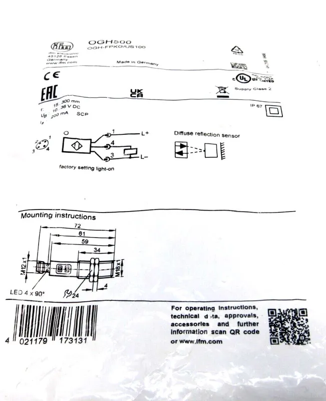 Датчик приближения IFM OGH500 OGH-FPKG/US100 Proximity Sensor 10...36 DC KD