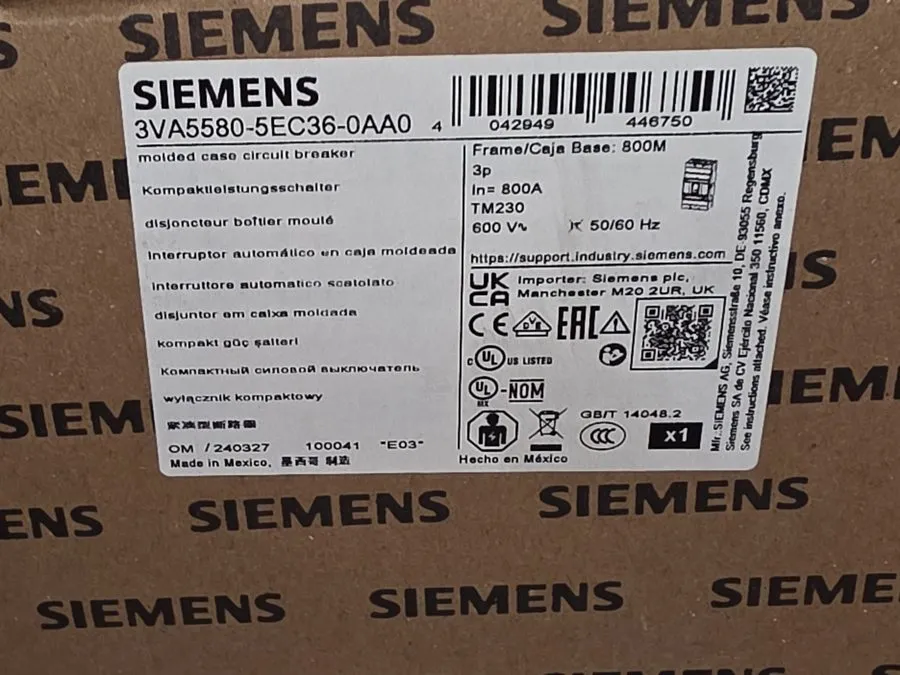 Автоматический выключатель Siemens Breaker 3VA5580-5EC36-0AA0 3 POLE 800 AMP 3VA