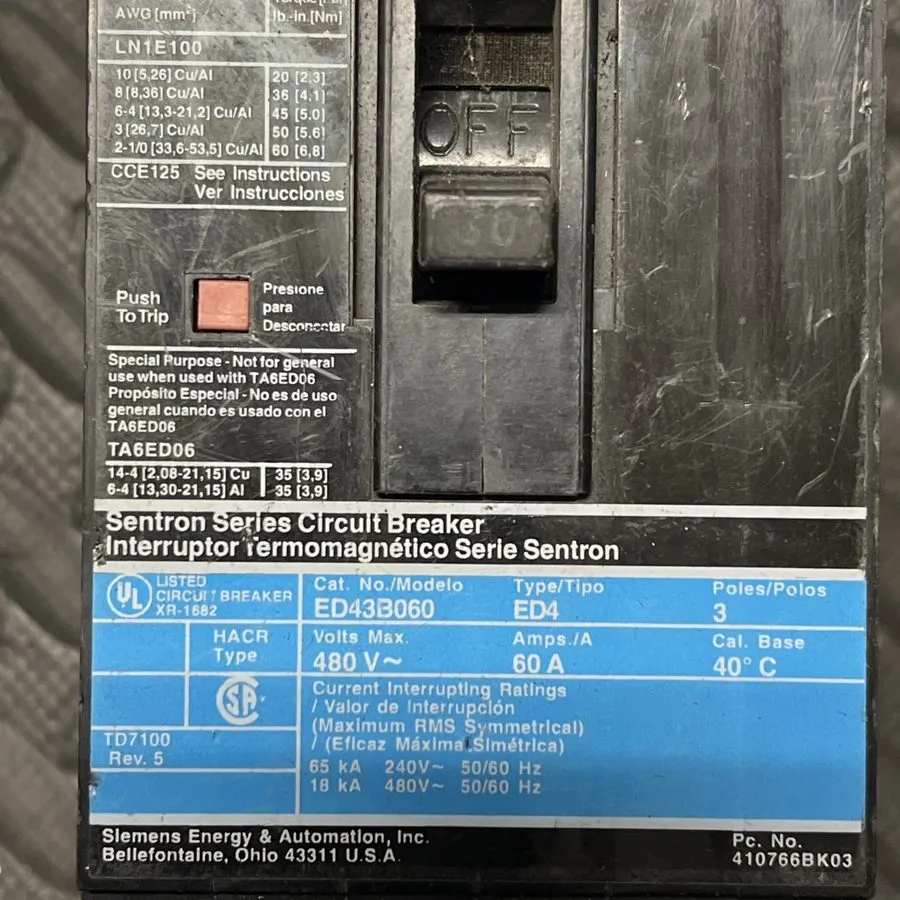 Автоматический выключатель Siemens ED43B060 Sentron Series Circuit Breaker 60A 3