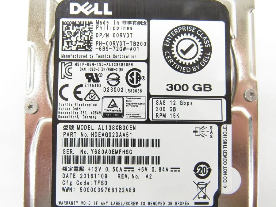 Жёсткий диск Dell 300GB 15K 0RVDT 2.5" SAS 12G Hard Drive AL13SXB30EN HD HDD HDE