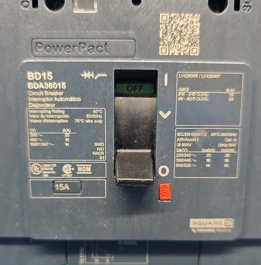 Автоматический выключатель Square D BDA36015 15A 480V 3Pole ILine PowerPact Circ