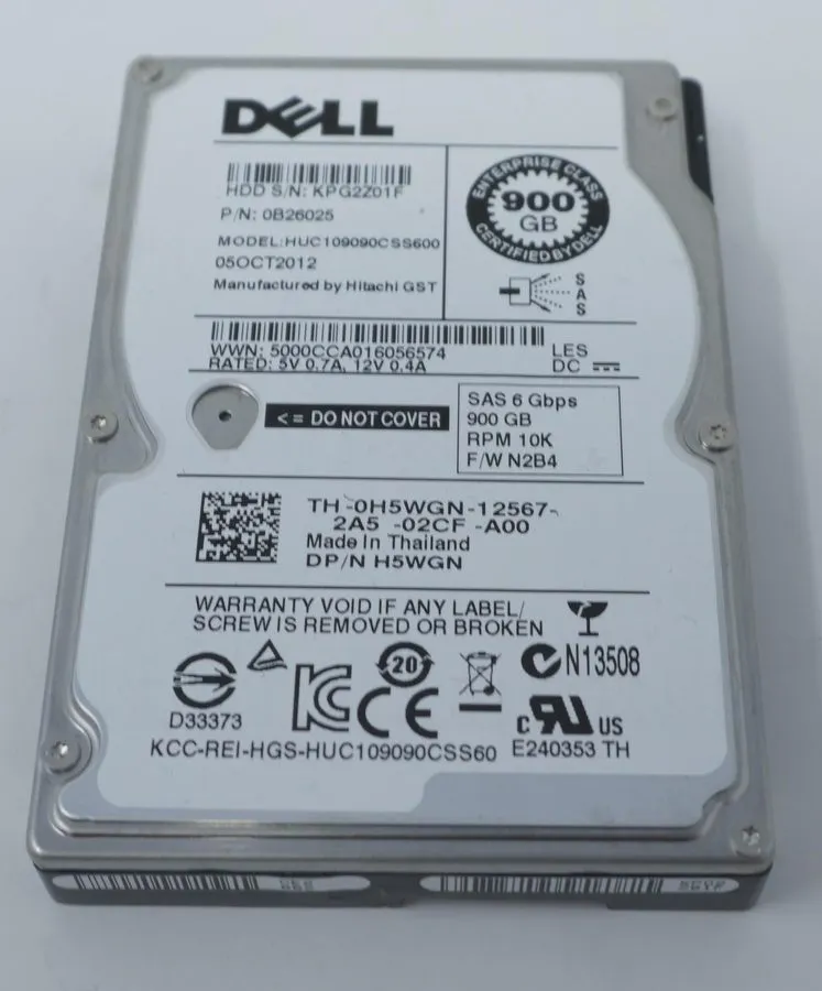Жёсткий диск DELL H5WGN 0H5WGN 900GB 6Gbps 10K 2.5" SAS HDD HUC109090CSS600 0B26