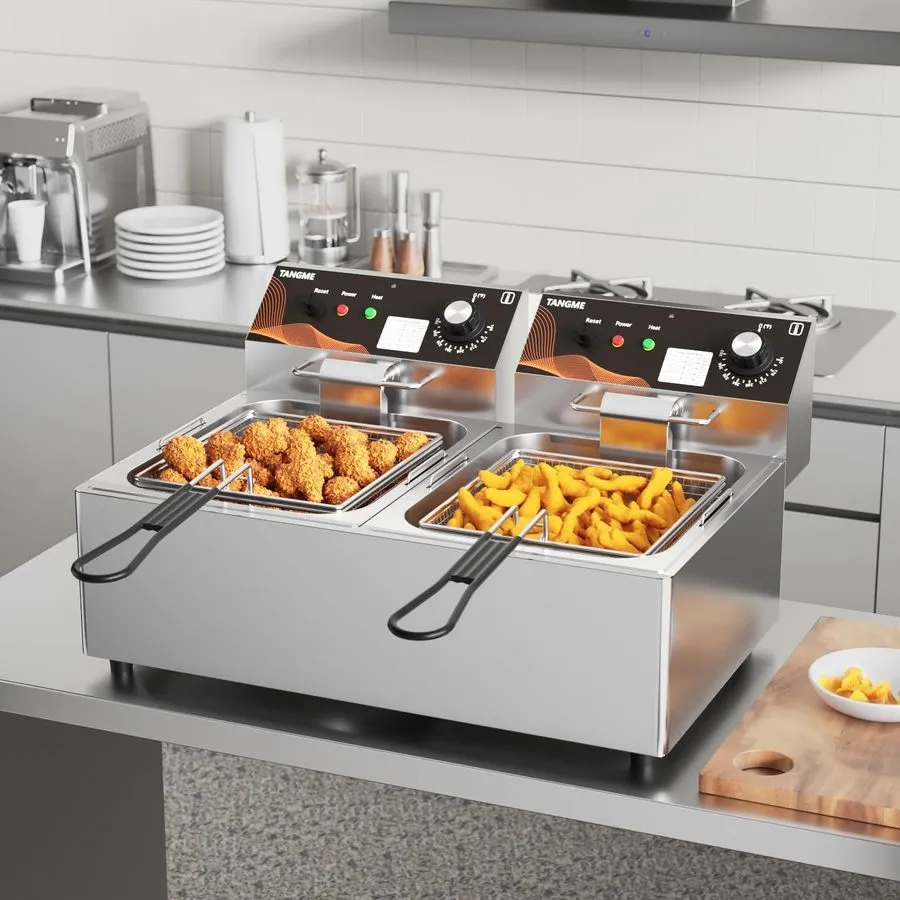 Фритюрница Commercial Deep Fryer with Basket, 3400W 20.7Qt Dual Tank Deep Fryer 