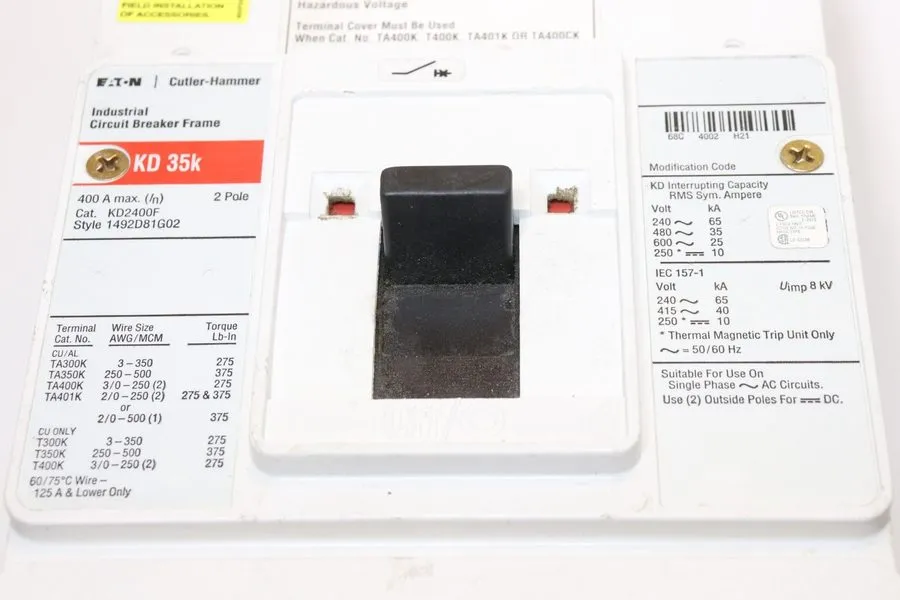 Автоматический выключатель Eaton KD2400F Bolt-On Circuit Breaker 400A 2P 480V 1P — фото лота 1