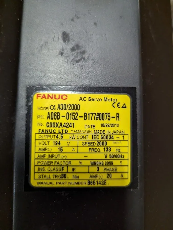 Серводвигатель Fanuc A06B-0152-B177 #0075 AC Servo Motor A30/2000-Reconditioned — фото лота 1
