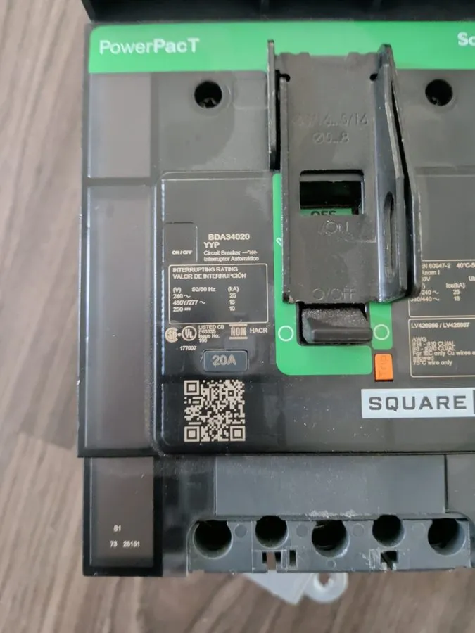 Автоматический выключатель Square D BDA BDA34020YYP 3 POLE 20 AMP 480V CIRCUIT B