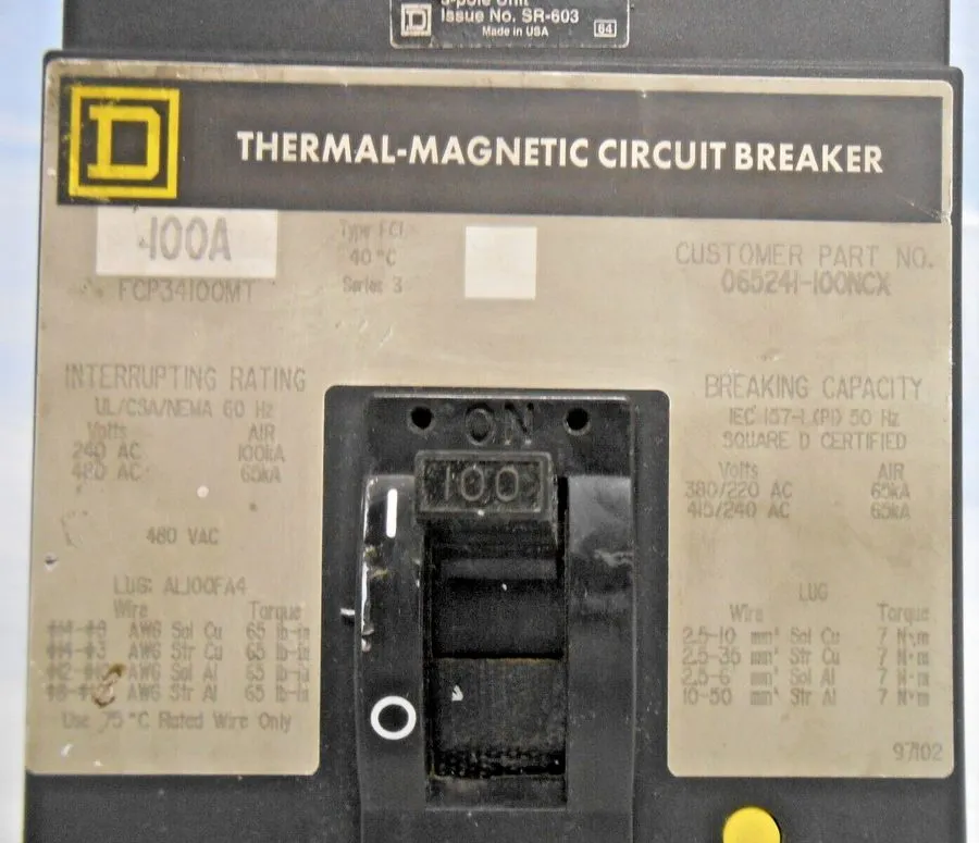 Автоматический выключатель Square D FCL34100 100A 480V 3 Pole Main Circuit Break