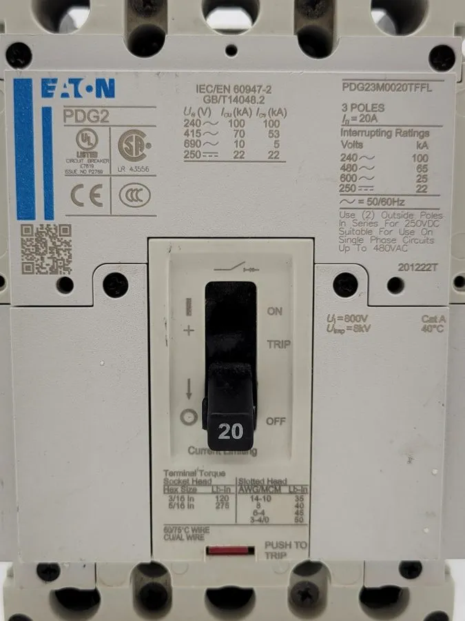 Автоматический выключатель Eaton PDG23M0020TFFL Bolt-On Circuit Breaker 20A 3P 4
