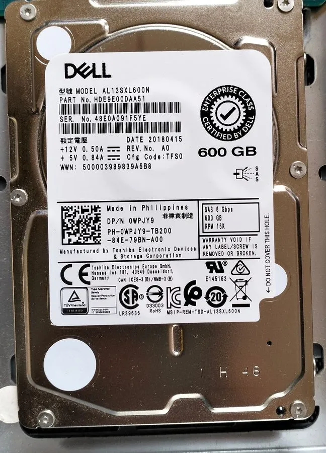 Жёсткий диск WPJY9 DELL TOSHIBA AL13SXL600N 600GB 6Gbs 15K 3.5'' SAS HDD W348K W