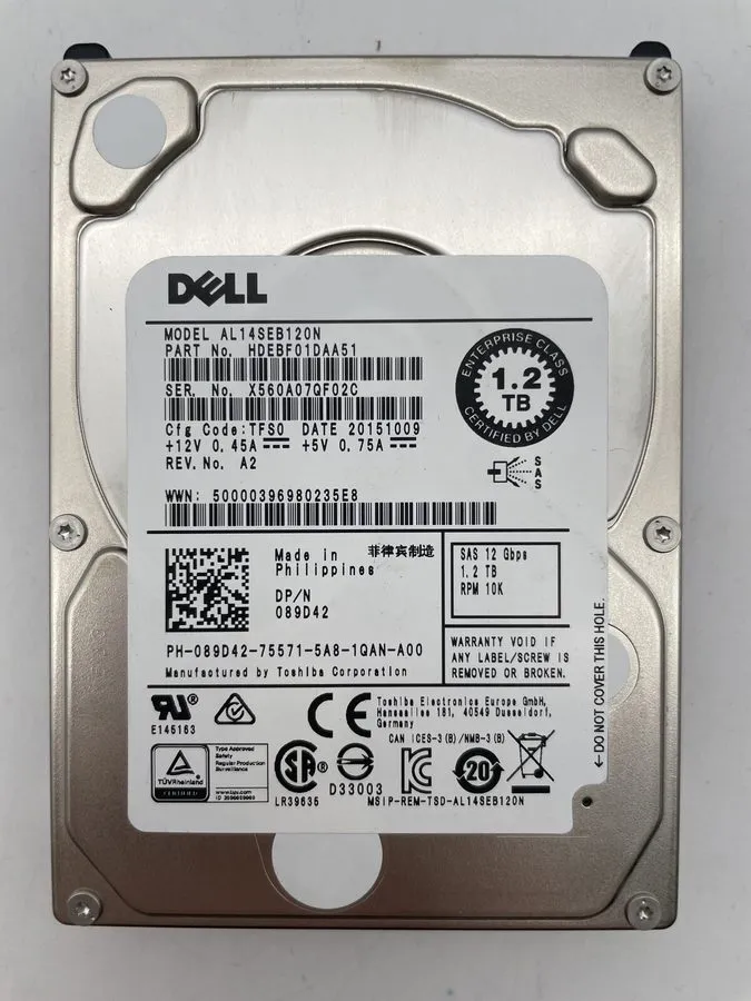 Жёсткий диск DELL 089D42 1.2TB 12G 10K SFF 2.5in SAS AL14SEB120N 89D42 HDD HARD  — фото лота 1