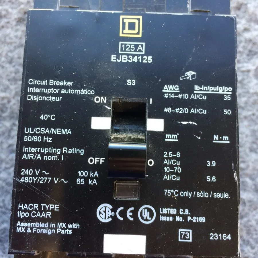 Автоматический выключатель Square D EJB34125 3p 480v 125a 65k NF Bolt In Circuit
