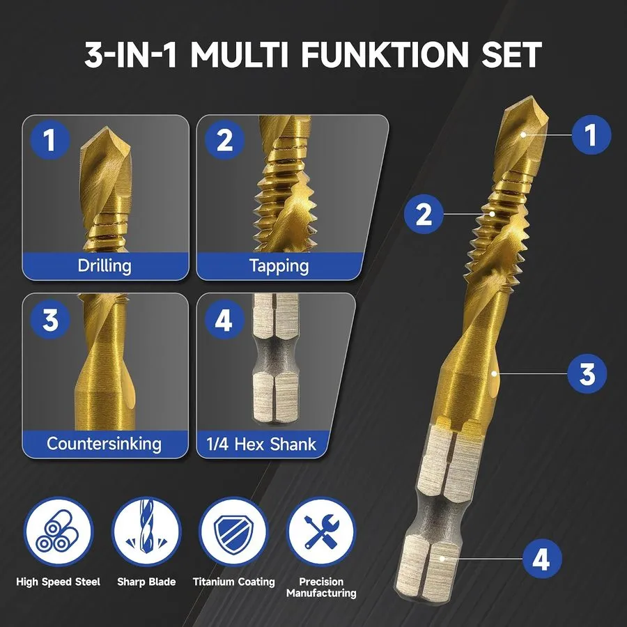 Режущий инструмент Combination Drill and Tap Set, HSS Titanium Thread Taps 6-32N — фото лота 2