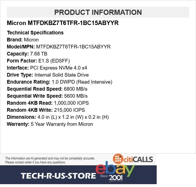 SSD-накопитель Micron MTFDKBZ7T6TFR-1BC15ABYYR 7.68TB E1.S PCIe 4.0 NVMe Enterpr — фото лота 1