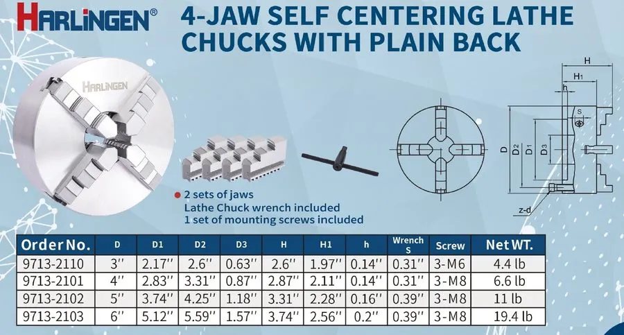 Режущий инструмент HARLINGEN 4" 4-JAW SELF-CENTER LATHE CHUCK PLAIN BACK (9713-2