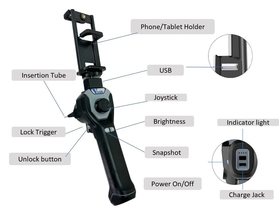 Видеоэндоскоп Vividia CX-6078i Joystick 360 Articulating Borescope Semi-Rigid 6m — фото лота 1