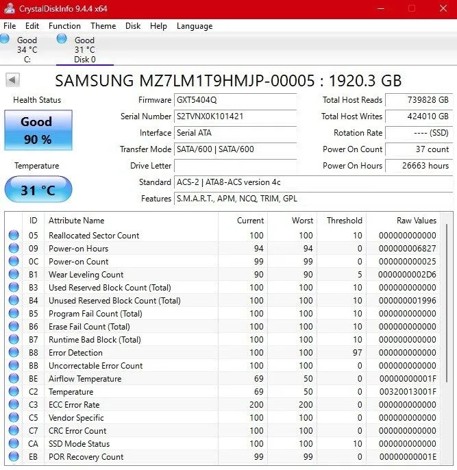 SSD-накопитель 97-99%health Samsung PM863a 1.92 TB MZ7LM1T9HMJP SATA 6Gb/s 2.5"